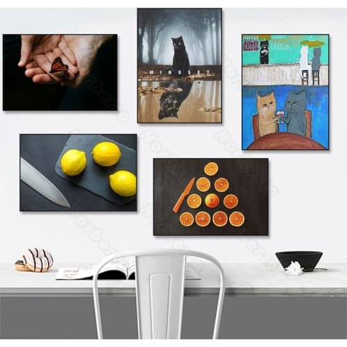 Orange Lemon Butterfly In Hand Black and Yellow Cats Canvas Art Painting Poster and Print for Home Rooms Study Room Wall Decorat