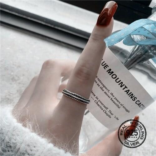 S925 Sterling Silver Rings For Women Opening Adjustable Geometric Retro Punk Design Fashion Simple Jewelry Korean Version INEFFA