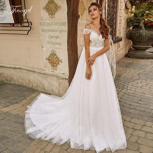 Morden Beach Wedding Dresses 2021 Lace Bride Dress Off Shoulder Glitter Tulle Wedding Gowns Boho Long Train