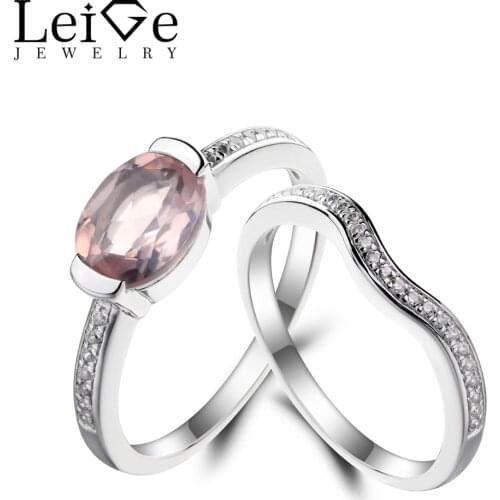 Leige Jewelry Proposal Ring Natural Pink Quartz Ring Oval Cut Pink Gemstone Real 925 Sterling Silver Bridal Sets for Women