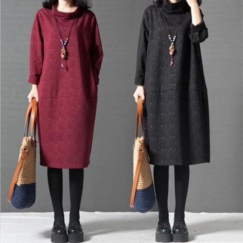 2020 NEW Womens Autumn High Collar Floral Print Stitching Long Sleeve Cotton Linen Casual Knee Baggy Kaftan Plus Size