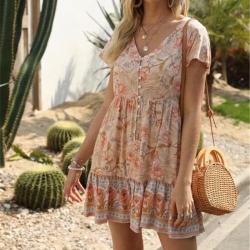 Happie Queens women peacock floral print deep V-neck Bohemian mini dress Ladies short sleeve Boho happie dresses vestidos