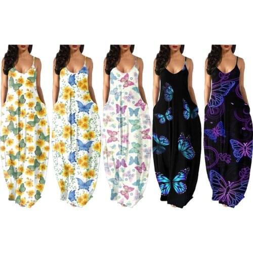 Women Loose Style Slip Dress, Butterfly/ Floral Printed Pattern U-shaped Collar Sleeveless , S/ M/ L/ XL/ XXL