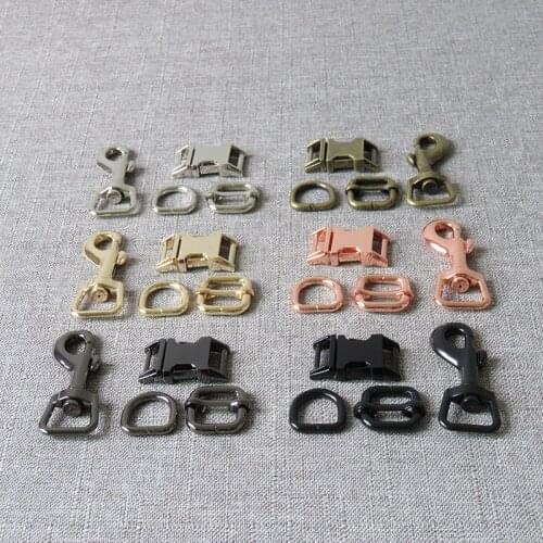 10 sets 15mm Heavy metal D ring belt straps slider side release buckle spring snap hook for dog collar leash harness accessories