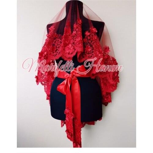 3D Floral Lace Red and Carlet Red Veil Kırmızı ve Bordo İnci Süslemeli Duvak maroon veil