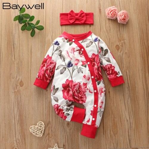 Baywell Autumn Baby Girl Cotton Floral Pattern Clothes Jumpsuits Infant Girls Long Sleeve Jumpsuit+Headband Newborn Romper Set