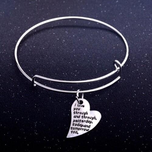 Bespmosp 12PC/Lot "I Love You Through And Through..."Heart Pendant Bracelets Bangles Women Lovers Couples Charm Jewelry Gifts