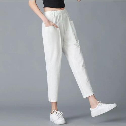 Summer Straight Pants Vintage Middle-aged Women Solid Color Thin Loose Ankle-Length Trousers Elastic Waist Casual White Pants