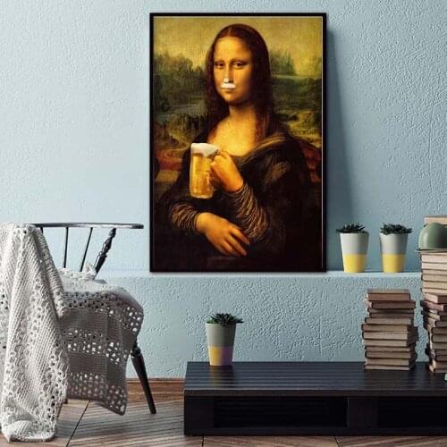 Nordic Style Mona Lisa Beer Oil Painting on The Wall Canvas Posters and Prints Modular Pictures Living Room Modern Home Decor