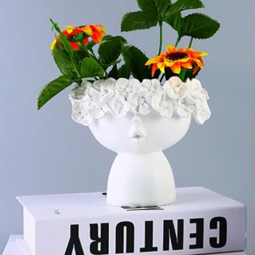 Resin Goddess Head Planter Beauty Face Figurine Ornament Container-Decorative Plants Artificial Flower Vase-Home Garden Deco