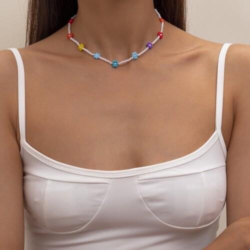 Trendy Boho Beads Choker Necklaces Womens Bohemia Neck Chain Measle Color Little Daisy Pearl Necklaces Jewelry for Girls