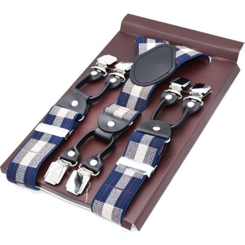 Mens Suspenders Black leather 6 Clips Braces Vintage Casual Suspensorio Tirante Trousers Strap bretele Father/Husbands Gift