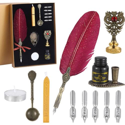 Antique Feather Quill Pen Dip Pen Kit Includes Quill Pen, Ink, 5 Replacement Nibs, Pen Stand Base, Exquisite Gift Box