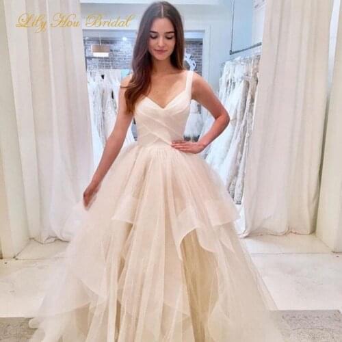 Fit and Flare A Line Wedding Dresses Pleated Top Ruffled Tulle Skirt Floor Length Bridal Gowns with Straps