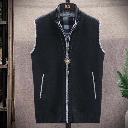2021 Autumn Korean Casual Mens Sleeveless Sweatercoats Men Solid Sweater Vest Stand Collar Thick Waistcoat Male 6 Colour M-3XL