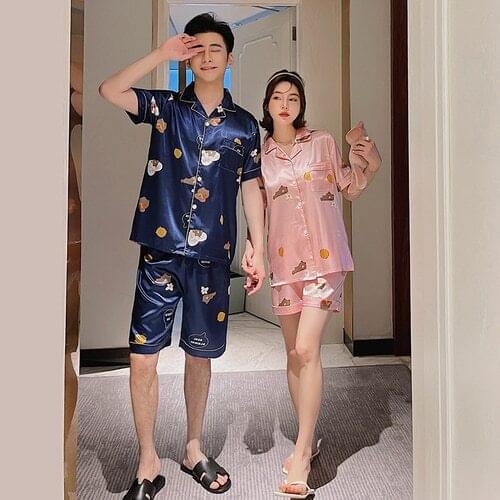Couples Lovers Pajamas Sets Women Short-sleeved Summer Pyjama Loose Men Faux Silk Style Couple Pijama Set Sleepwear Top+Pants