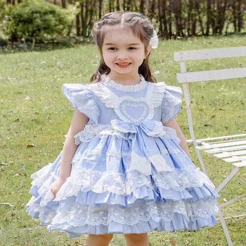 Lolita Girl Dress Summer Princess Party Dress Baby Cotton Lace Blue Bow Dress 1-6 Years Old