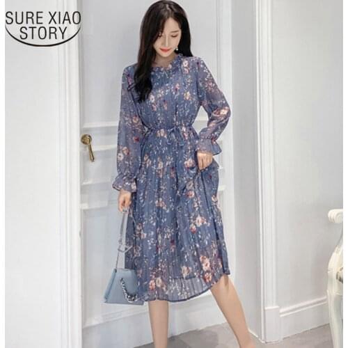 Dress Flare Sleeve A-line Dress Femme Spring 2021 O-neck Floral Chiffon Women Floral Printed Female Mid-length Vestidos 8211 50