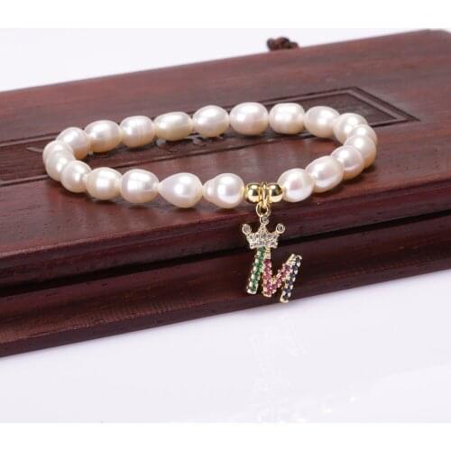 Simple Fashion Style Women Men Freshwater Pearl Beaded Charms Bracelet A-Z Letter Bracelet Mixed CZ 26 Initials Pendant Bangle