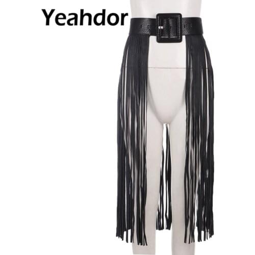 Women Harajuku Waist Belt Skirt Gothic PU Leather Long Fringe Waist Belt Punk Wild Snakeskin Girdle with Buckle for Rave Costume