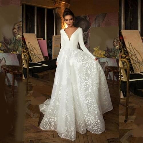 Robe de mariee Vintage Long Sleeve Lace Satin Wedding Dress Sexy Deep V Neck Backless Bride Dress for Wedding