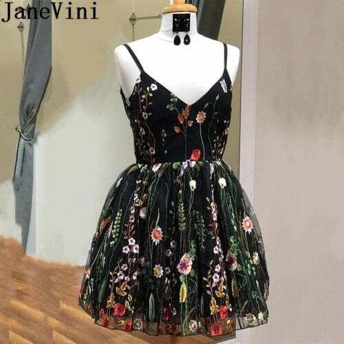 JaneVini Sexy Short Evening Dresses for Women Embroidery Lace Spaghetti Straps Black Floral Prom Gowns Girl Party Dress robe ete