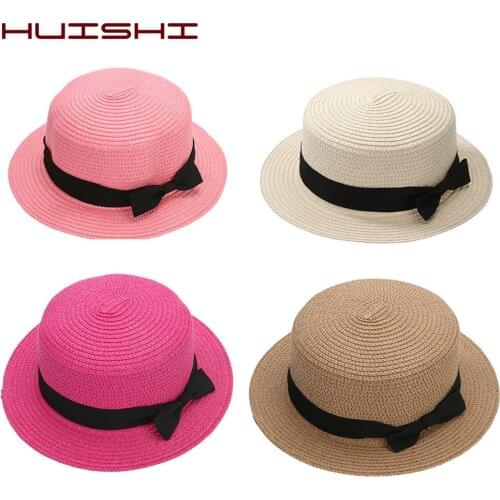 HUISHI Hat Summer Beach Women Hat Female Casual Straw Panama Cap Lady Brand Women Flat Brim Bowknot Straw Cap Girls Sun Gift