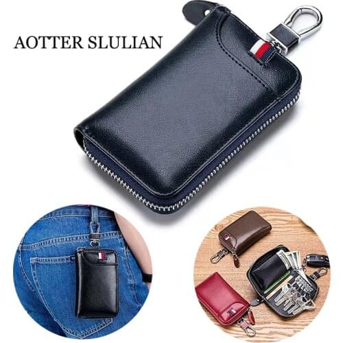 Unisex Key Bag Genuine Leather Car Key Wallet Card Holder Multifunction Zipper Key-bag Organizer Card Bag Key Packet Pouch Purse