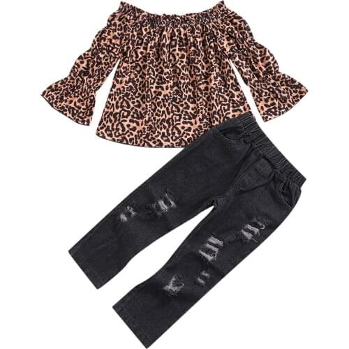 FOCUSNORM 1-6Y Autumn Fashion Kids Girls 2pcs Clothes Sets Leopard Printed Ruffles Long Sleeve Off Shoulder Tops Denim Pants