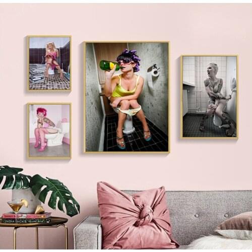 Toilet Sexy Woman Man Canvas Prints Bar Girl Smoking And Drinking Bathroom Decoration Picture Poster Black And White Painting