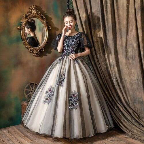 Vintage bubble sleeve embroidery fairy long dress gown Medieval Victorian Ball stage performance/can customs size