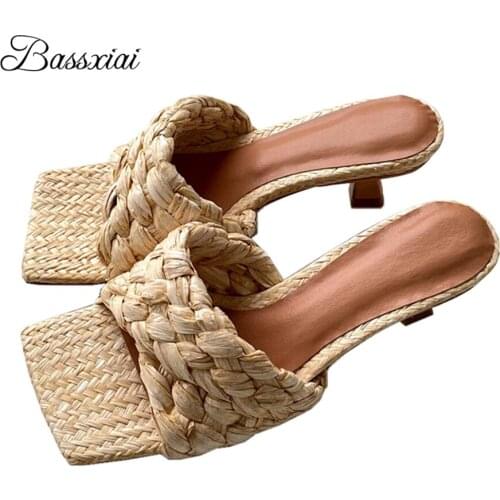 Luxury Cane Plaited Weave Runway Mules For Girls Lady Sexy Kitten Heel Square Open Toe Slingback Summer Sandals Women