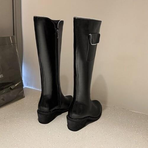 Women PU Stitched Embroidered Boots In Autumn Winter 2021 Middle Tube Boots High Heels Pointed Ends Fashionable Popular