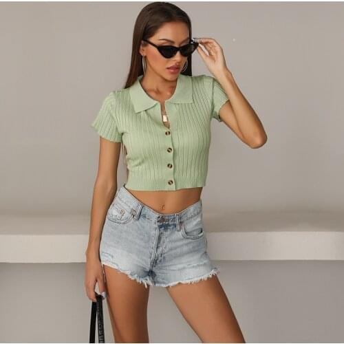 Women Button Down Crop Tops Sexy Short Sleeve French Cardigan Solid Lapel T-Shirts O-Neck Knitted Short Sleeve Thin Sweaters