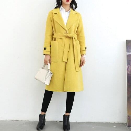 Long woolen blends cashmere coats for women 2019 autumn winter ladies jackets plus size overcoat double sided lemon color belt