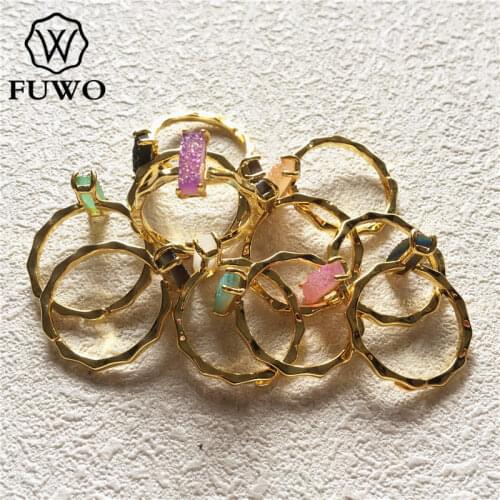 FUWO Rectangle drop Aura Druzy Ring With 24K Gold Filled Minimalist design Raw Druzy Rings For Women Adjustable Size RG018