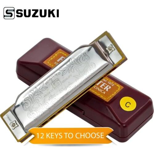 [12 Keys] Suzuki Diatonic Harmonica 1072 New Silver FolkMaster Gaita Standard 10 Hole Diatonic Harmonica Beginner Blues Harp