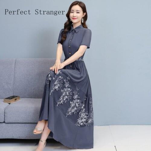 2021 Spring Summer New Arrival Hot Sale Turn-down Collar Flower Embroidery Short Sleeve Women Long Chiffon Dress