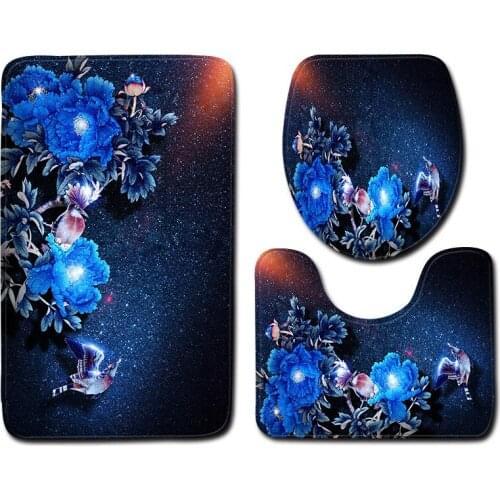 3pcs/set Vintage Cartoon Print Anti-slip Bathroom Floor Mat Home Decor Shower Non-Slip Rug Bath Door Mats Blue Flower Color