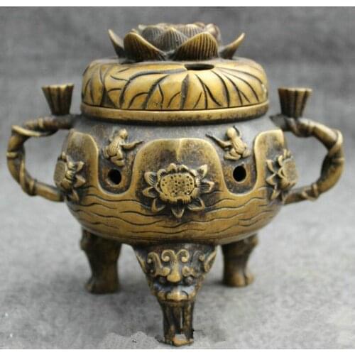 7 inch/Folk Chinese Bronze Lion Head Jump Frog Statue Tibet Lotus Incense Burner