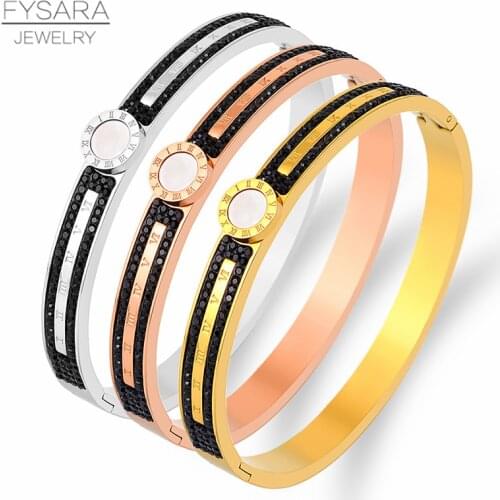 FYSARA White Shell Roman Numeral Bracelet Stainless Steel Black Rhinestone Bangles & Bracelets for Women Brand Jewelry Couple