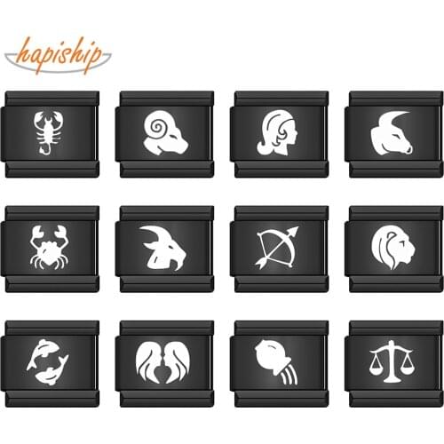 Hapiship 2021 1Pcs Original Daisy Black 12 Constellation Charm Links Fit 9mm Bracelet Stainless Steel Jewelry DIY Making DJ353