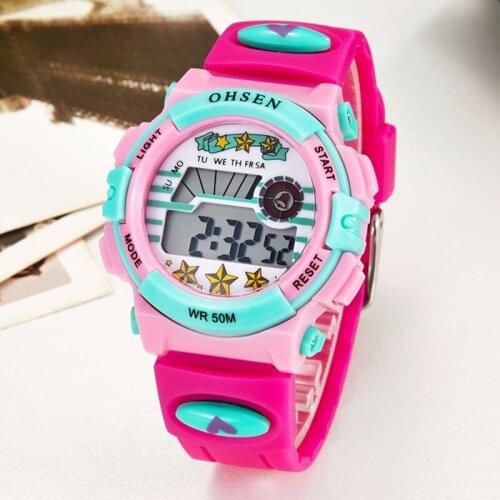 OHSEN Digital Kids Watches Girls Boys 50M Waterproof Rose Red Led Electronic Children Watches Silicone Strap Alarm Cartoon Clock