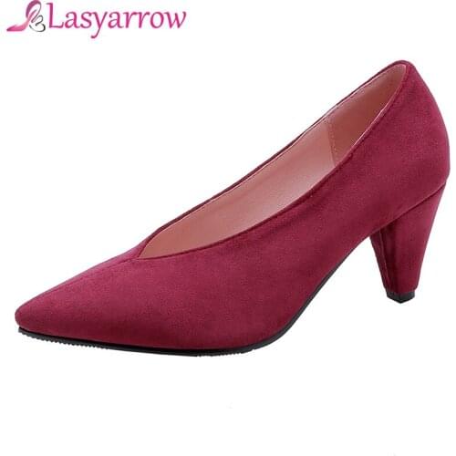 Lasyarrow Flock Leather Spring Autumn Pointed Toe V Mouth Grandma Shoes Thick High Heel Retro Office & Career Single Shoes Women