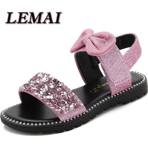 LEMAI Summer Sandals Girls Sandals Glitter Rhinestone Princess Girls Shoes Kids Bow Party Dance Sandals Size:27-37