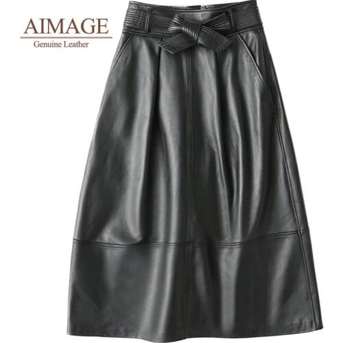 Elegant women black genuine leather dresses jupe longue femme 4xl bow sheath wrap skirts soft elastic skin leather skirts PY005