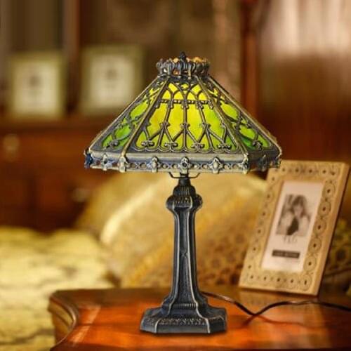 FUMAT Tiffany Style Stained Glass Table Lamp LED Desk Light Retro Castings Pierced Class Home Decor Lights European Antique LED