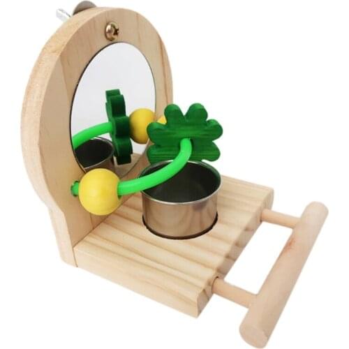 H7JB Bird Food Cup with Perch Parrot Mirror Toys for Bird Cage Hanging Wooden Bird Stands with Stainless Steel Food Bowl