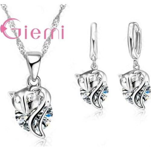 New Genuine 925 Sterling Silver Clear CZ Sweet Cute Fox Shape Animal Crystal Stone Ring Anniversary Birthday Gift Jewelry Set