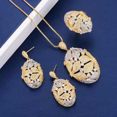 LARRAURI Trendy Brand Classic Long Chains Pendant Necklace For Women Flower Cubic Zirconia Stud Earings Engagement Jewelry Sets